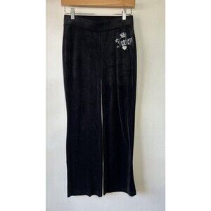 Juicy Couture Y2K Black Velour Rhinestone Logo Sweatpants Straight Leg Women XS